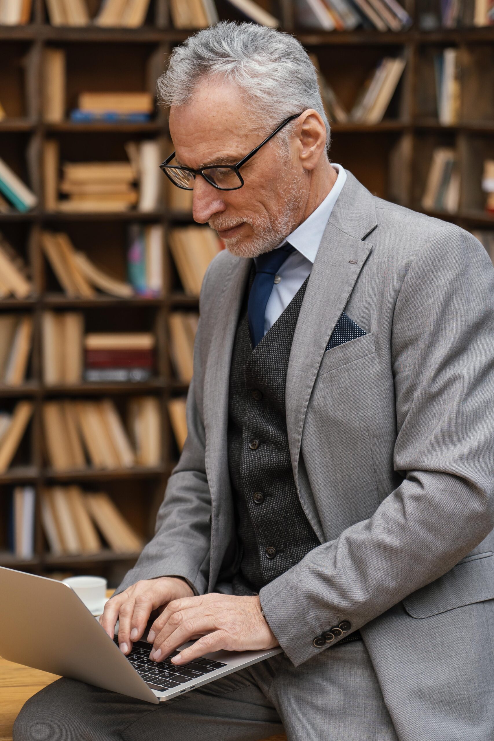 La imagen presenta un señor mayor en una librería con un portátil gris vestido en un conjunto de americana completo de color gris.